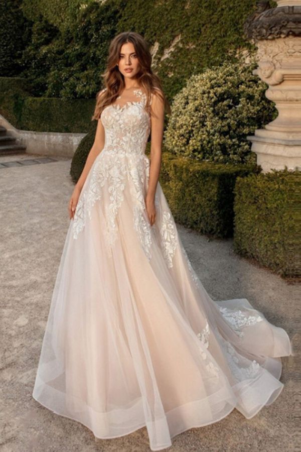 Lace Illusion A-Line Gown with Long Train for Formal Events