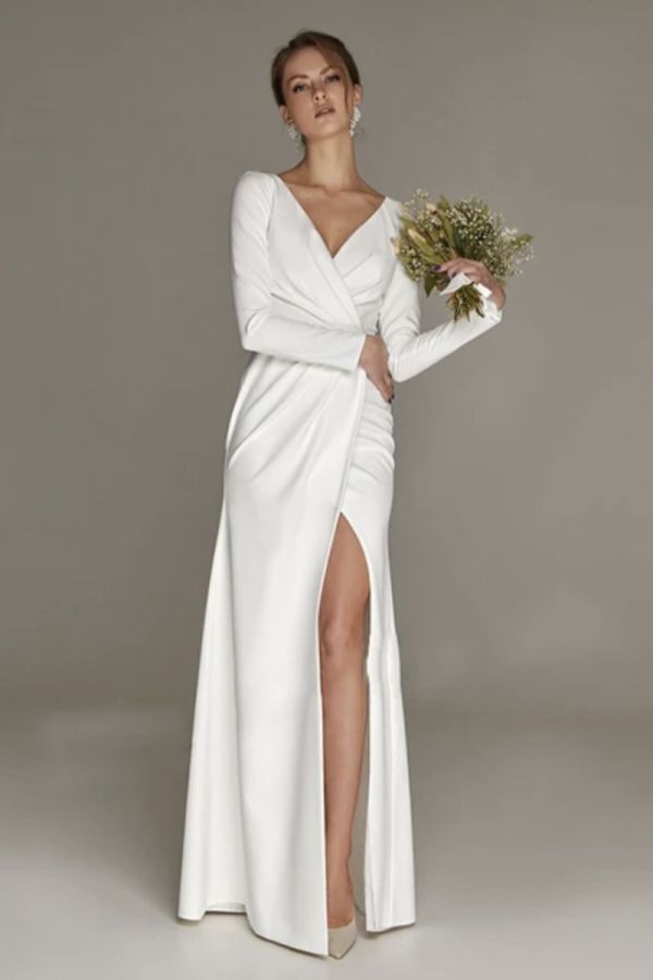 Long Sleeve V-Neck Wrap Gown with High Slit for Formal Events