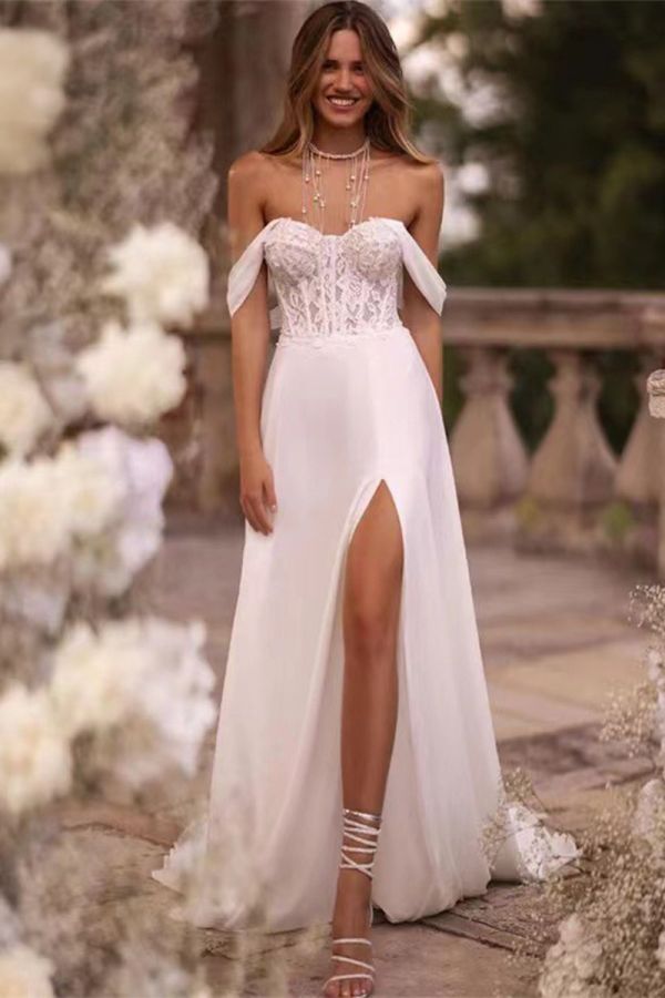 Off-the-Shoulder Lace Bodice Gown with High Slit for Evening Events