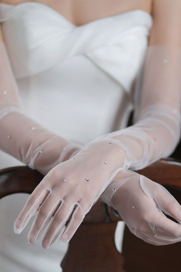 Sheer Pearl-Embellished Gloves for Bridal Gowns