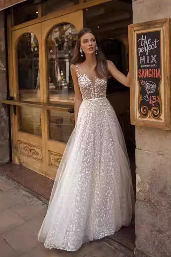 Sequin Illusion Neckline Ball Gown with Long Train for Evening Events