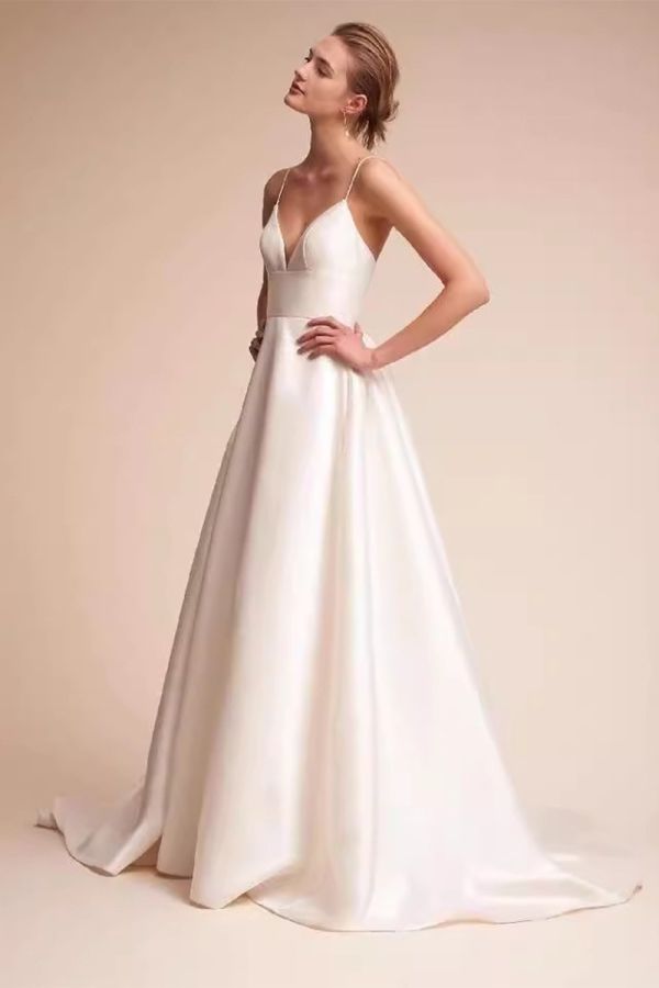 Satin V-Neck Ball Gown with Long Train for Formal Events