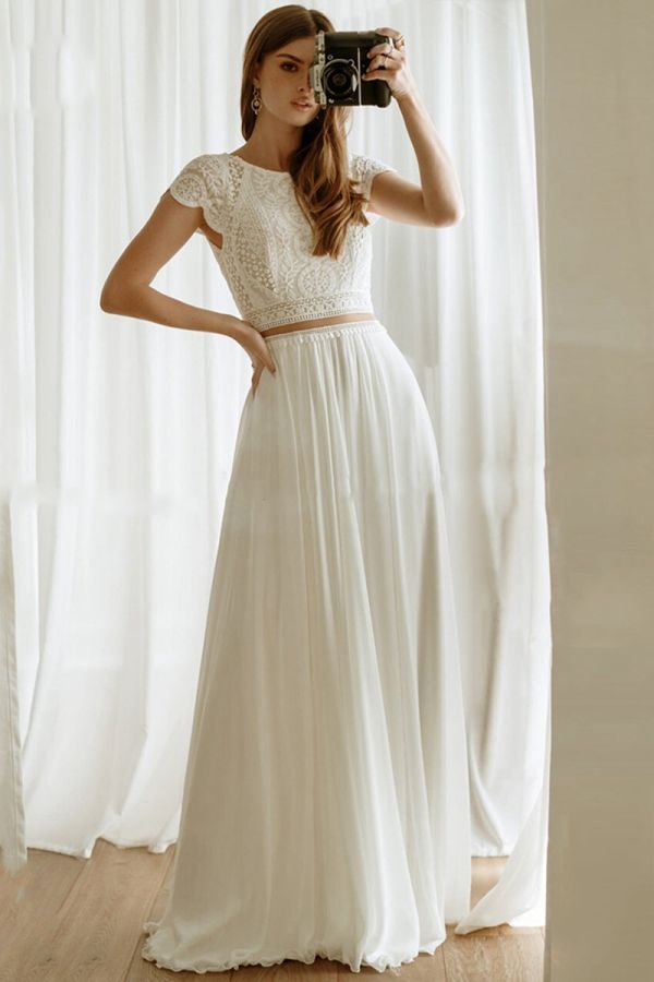 Lace Crop Top and Flowy Skirt Two-Piece Gown for Formal Events