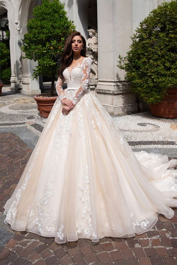 Lace Long Sleeve Ball Gown with Long Train for Formal Events